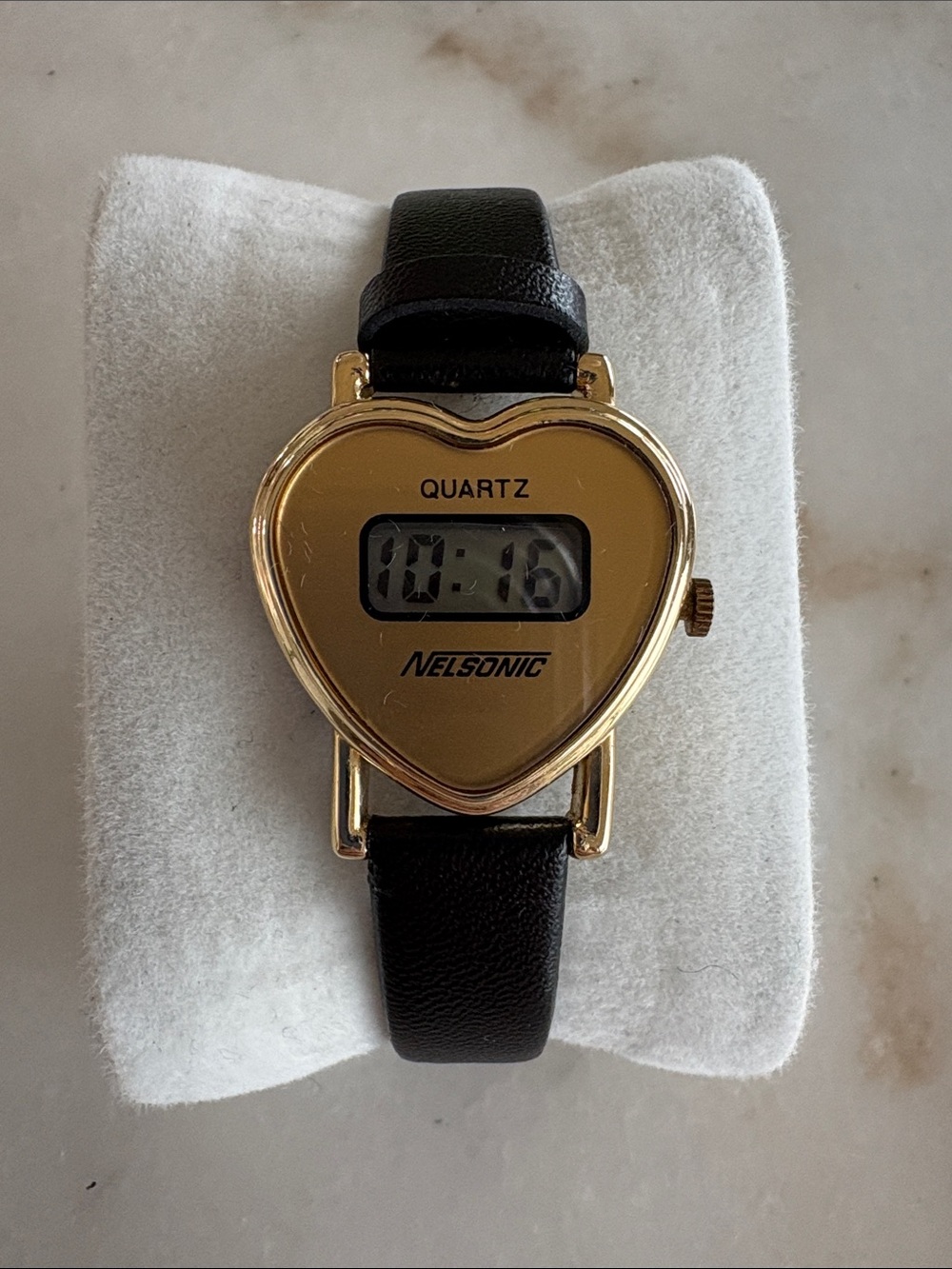 Heart-Shaped Gold Digital Watch with Black Strap